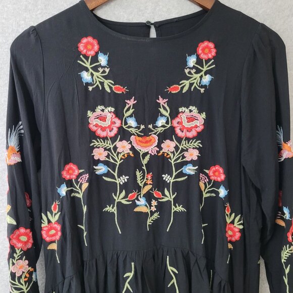 Zara Womens Midnight Garden Black Floral Embroidered Swing Dress Size M/L Boho - Picture 2 of 14